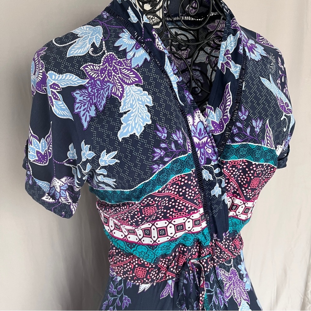 Jaase Boho Batik Style Print Tiered Maxi Dress in Navy and Lavender - Size S - Picture 3 of 12